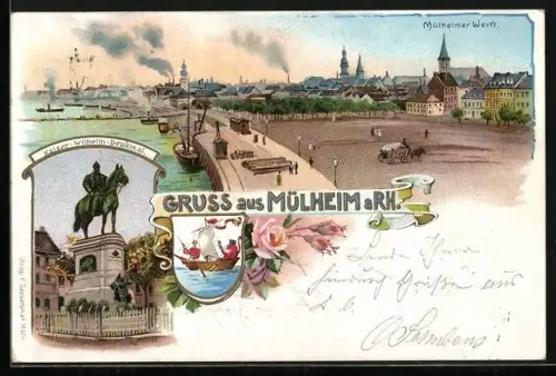 Lithographie Köln-Mülheim, Kaiser-Wilhelm-Denkmal, Partie an der Mühlheimer Werft