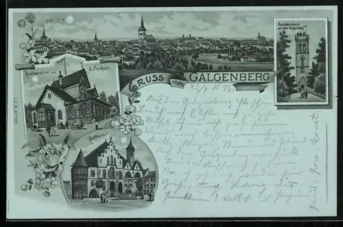 Mondschein-AK Galgenberg, Ortsansicht, Restaurant G. Fischer und Aussichtsturm auf dem Galgenberg