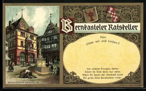 AK Bernkastel, Marktplatz mit Brunnen, Ortswappen