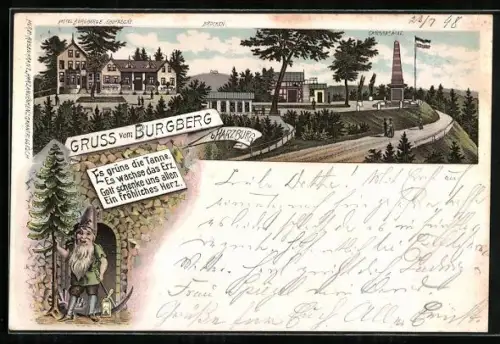 Lithographie Harzburg, Gasthof zum Burgberg, Brocken, Ganossasäule, Zwerg mit Spitzhacke