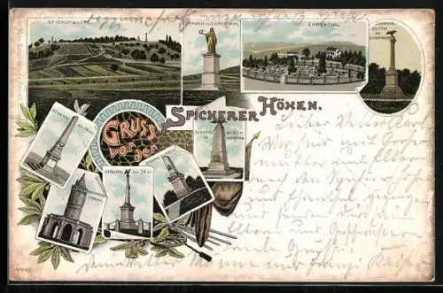 Lithographie Ehrental, Spicherberg mit Denkmäler auf den Spicherer Höhen