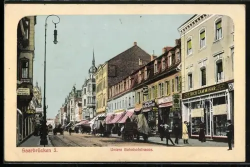 AK Saarbrücken, Untere Bahnhofsstrasse mit Tengelmanns Kaffegeschäft