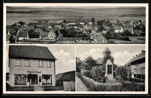 AK Hahndorf, Gemischtwaren Wilhelm Wissel, Kriegerdenkmal, Ortsansicht