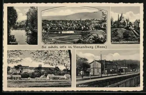 AK Vienenburg, Bahnhof, Radau, Kath. Kirche, Panorama