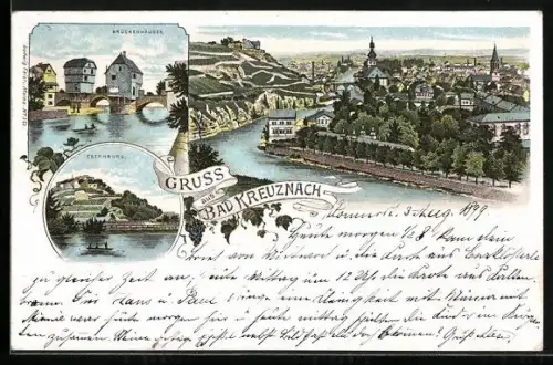 Lithographie Bad Kreuznach, Ortspartien Brückenhäuser, Ebernburg und Ortsansicht