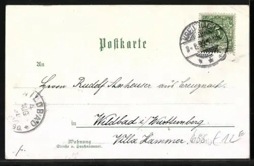 Lithographie Bad Kreuznach, Ortspartien Brückenhäuser, Ebernburg und Ortsansicht