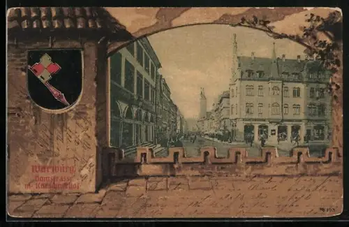 AK Würzburg, Domstrasse m. Kürschnerhof u. Passepartoutrahmen Mauer mit Wappen