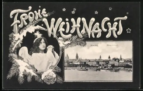 AK Mainz, Blick auf den Rheinkai, Im Weihnachtspassepartout mit Engel und Tannenzweigen