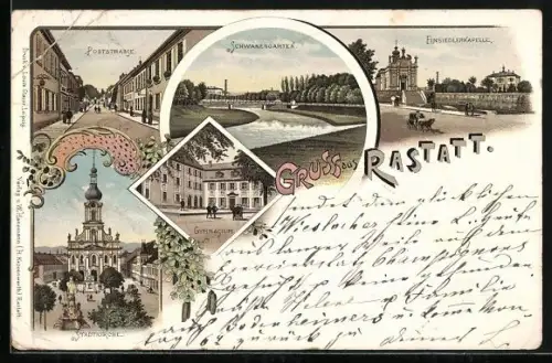 Lithographie Rastatt, Schwanengarten, Poststrasse, Stadtkirche, Eisiedlerkapelle