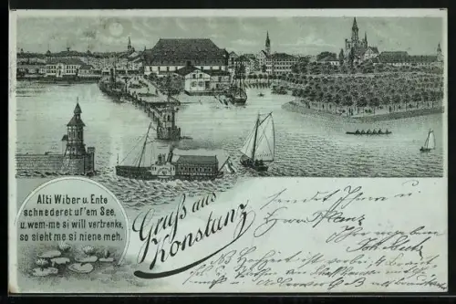 Mondschein-AK Konstanz, Blick auf den Ort mit Schiffen