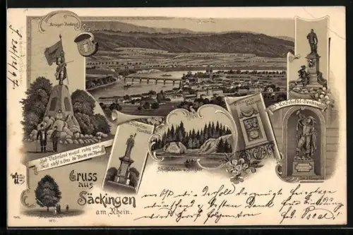 Lithographie Bad Säckingen, Kriegerdenkmal, Trompeter-Grabmal und Scheffelfelsen mit Bergsee