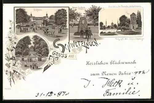 AK Schwetzingen, Ortspartien Schloss, Apollo-Tempel und Moschée u. Ruine des Merkurtempels