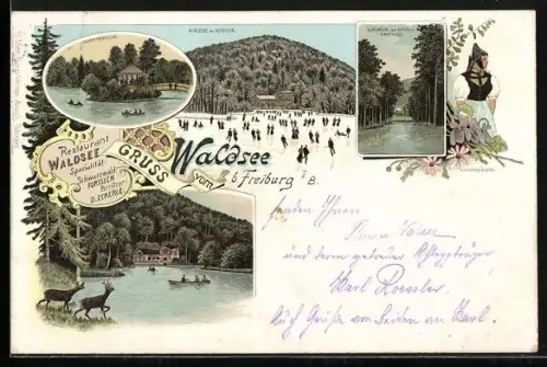 Vorläufer-AK Waldsee b. Freiburg, 1895, Partien Musikpavillon, Waldsee im Winter und Durchblick zum Schloss