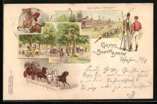 Lithographie Iffezheim, Badener Rennen, Rennplatz, Rückfahrt vom Rennen, Pferdesport
