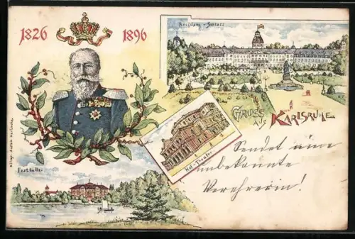 Lithographie Karlsruhe, Festhall, Residenzschloss und Hof-Theater