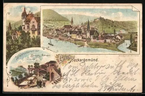 Lithographie Neckargemünd, Restaurant Zur Stadtathen Terrasse, Ortsansichten
