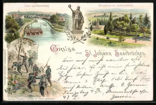 Lithographie St. Johann-Saarbrücken, Saar mit Winterberg, Ehrenthal mit Schlachtfeld