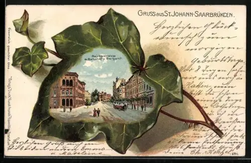 Passepartout-Lithographie St. Johann-Saarbrücken, Reichsstrasse mit Bahnhof und Bergamt