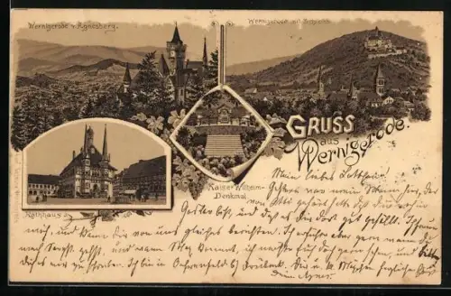 Lithographie Wernigerode, der Ort vom Agnesberg, Rathaus, Schloss und Kaiser Wilhelm-Denkmal