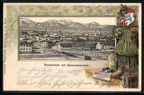 Passepartout-Lithographie Rosenheim, Ortsansicht mit Alpenpanorama, Wappen