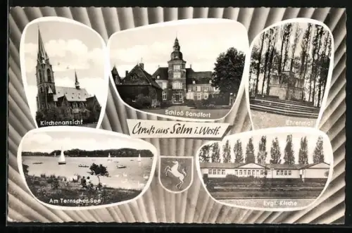 AK Selm i. Westf., Schloss Sandfort, Ternscher See, Ehrenmal, Kirchenansicht, evgl. Kirche