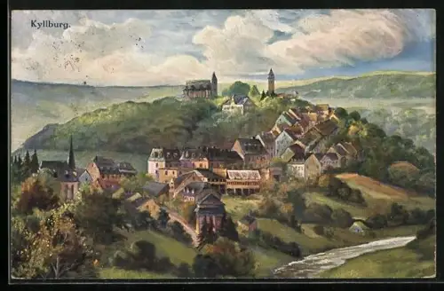 Künstler-AK Kyllburg, Gesamtansicht mit Kirche und Burg