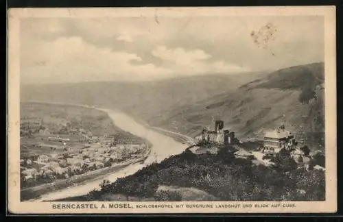 AK Berncastel a. Mosel, Schlosshotel, Burgruine Landshut, Blick auf Cues