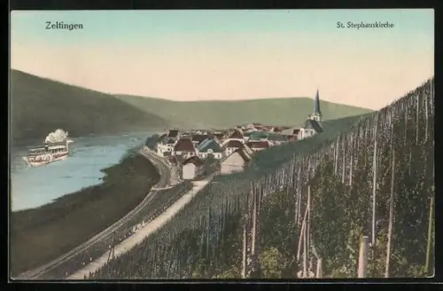 AK Zeltingen, St. Stephanskirche, Mosel, Weinberge