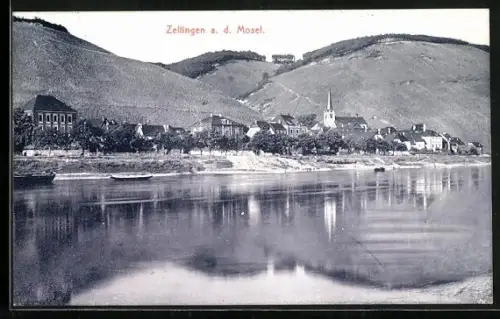 AK Zeltingen a. d. Mosel, Ortsansicht mit Kirche und Moselufer
