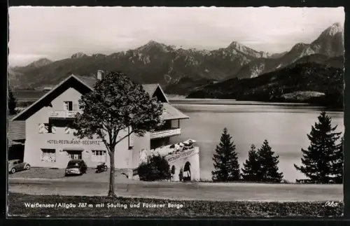 AK Weissensee /Allgäu, Hotel Restaurant Seespitz, Säuling, Füssener Berge