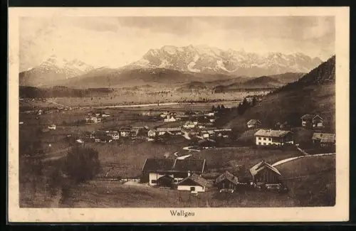 AK Wallgau, Ortsansicht mit Alpenpanorama