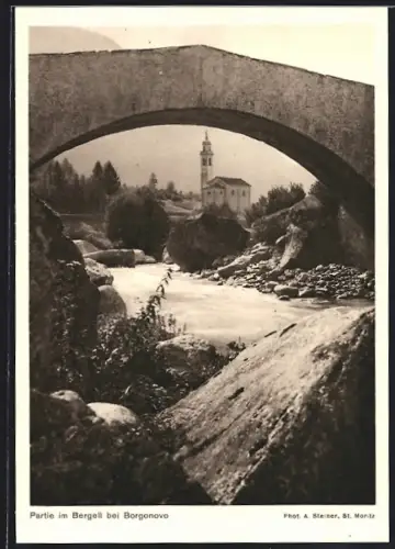 AK Borgonovo, Partie im Bergell mit Kirche