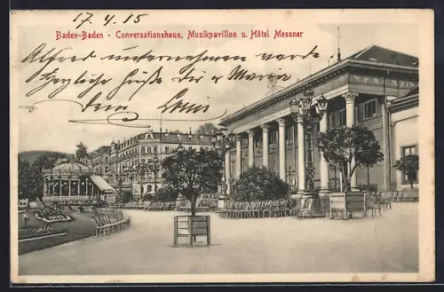 AK Baden-Baden, Hotel Messner, Conversationshaus und Musikpavillon
