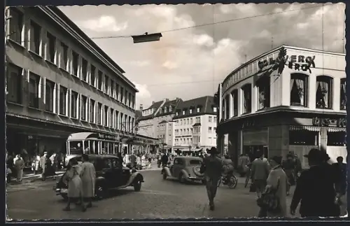 AK Osnabrück, Grosse Strasse mit Cafe Opitz und Strassenbahn