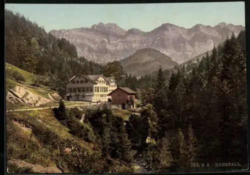 Fotografie Photochrom Zürich, Ansicht Rossfall, Blick nach dem Gasthaus mit Gebirge