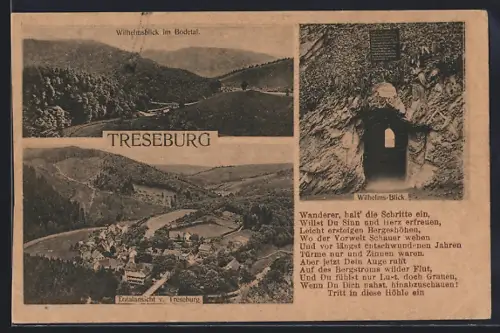 AK Treseburg, Totalansicht v. Treseburg, Wilhelmsblick im Bodetal, Wilhelms-Blick