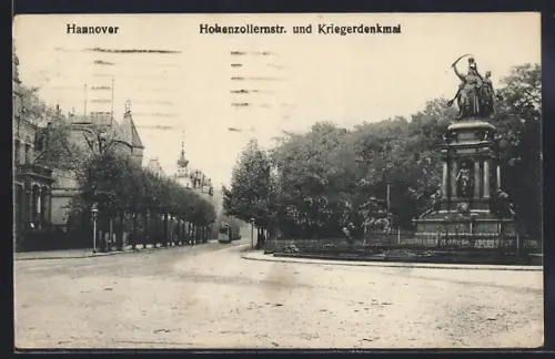 AK Hannover, Hohenzollernstrasse und Kriegerdenkmal mit Strassenbahn