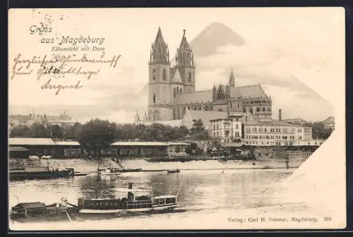 AK Magdeburg, Elbansicht mit Verladebahnhof und Dom