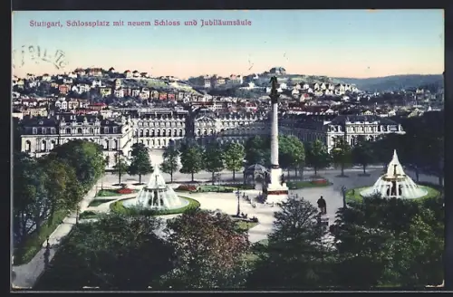 AK Stuttgart, Schlossplatz mit neuem Schloss und Jubiläumsäule