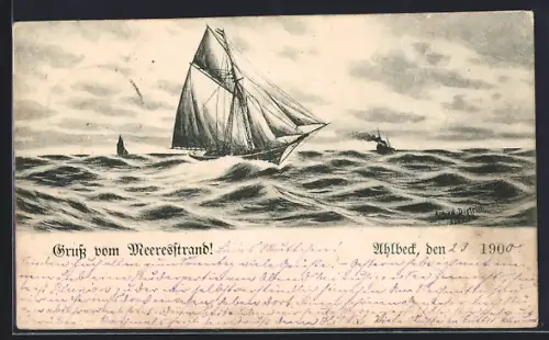 Künstler-AK Ahlbeck / Ostseebad, Segelschiff auf dem Meer