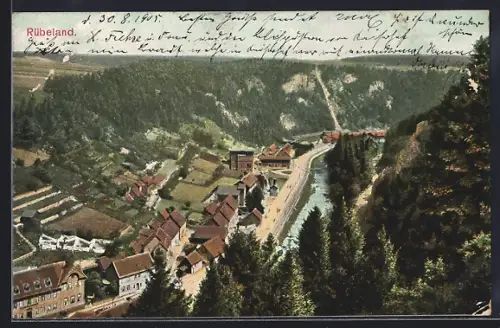 Künstler-AK Rübeland, Ortspartie im Gebirge