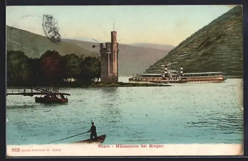 AK Bingen /Rhein, Mäuseturm mit Dampfer