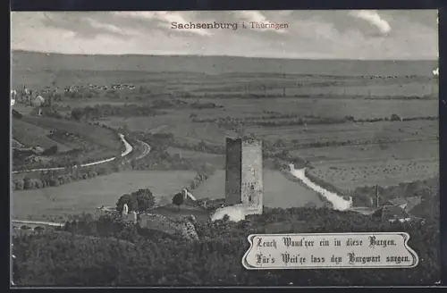 AK Sachsenburg / Thüringen, Ortspanorama mit Burgruine