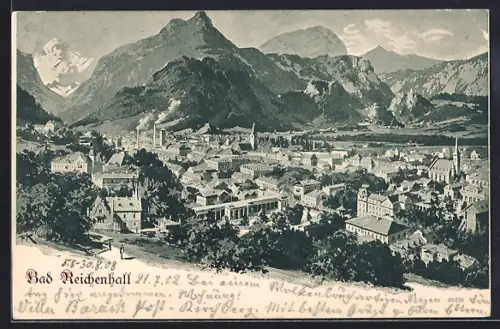 Künstler-AK Bad Reichenhall, Ortsansicht mit umliegenden Bergen