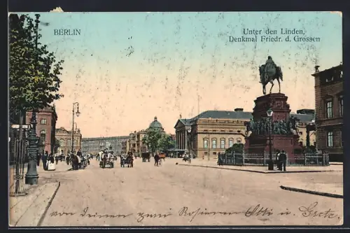 AK Berlin, Unter den Linden mit Denkmal Friedrich des Grossen