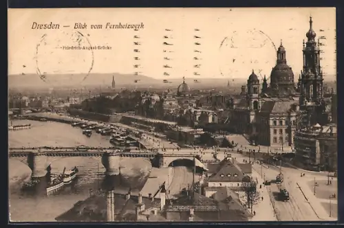 AK Dresden, Blick vom Fernheizwerk mit Kirche und Friedrich August-Brücke