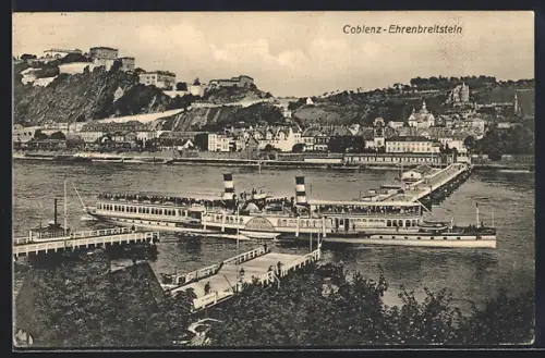 AK Coblenz-Ehrenbreitstein, Festung Ehrenbreitstein, Rheinufer, Dampfschiff