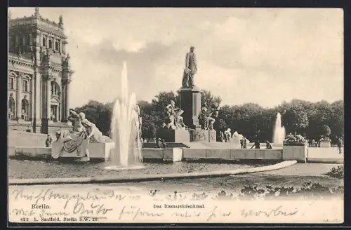 AK Berlin, Bismarckdenkmal, Springbrunnen, Reichstagsgebäude