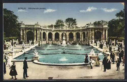 AK Berlin-Friedrichshain, Märchenbrunnen, Brunnenanlage, Skulpturen, Park