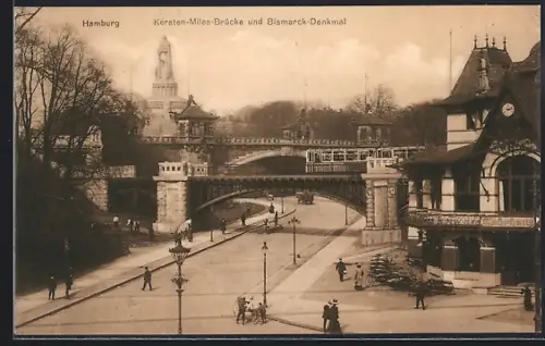 AK Hamburg-St.Pauli, Kersten-Miles-Brücke, Bismarck-Denkmal